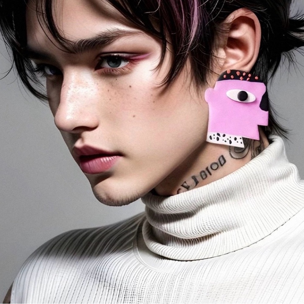 Bold Pink Abstract Face Drop Earring - Playful Statement Jewelry